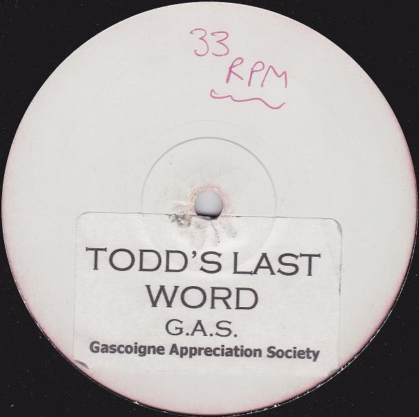 

12-дюймовая пластинка GASCOIGNE APPRECIATION SOCIETY Todds Last Word JUMP1 Без лейбла 1998 Великобритания Танцевальная Электроника Б/у