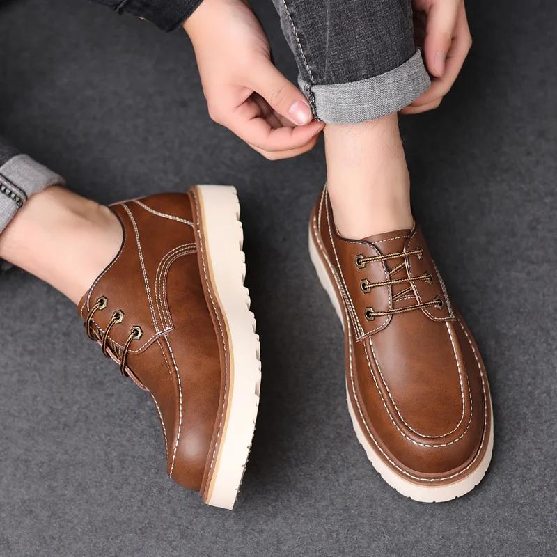 Men'S British Style Retro Work Shoes Genuine Leather Thick Sole Heightened Lace-Up Fashion Casual Shoes For Men Outdoor