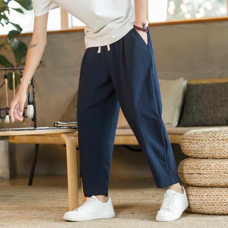 Men's Plus Size Loose Casual Pants Solid Color Straight Cotton Linen Nine-minute Pants