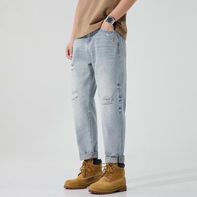 New Summer Ripped Jeans Tapered Harem Trousers Cotton Denim