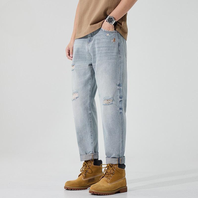 

Новые летние рваные джинсы, зауженные брюки гаремы, хлопок деним 40 синий