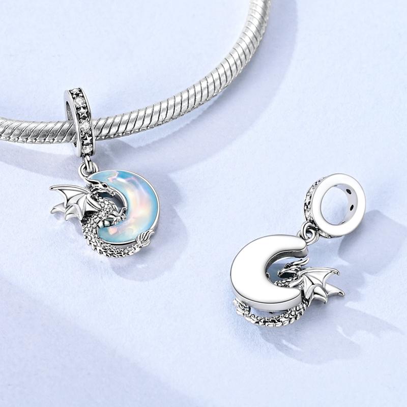 925 Sterling Silver Charms Bead CZ Zircon Dragon and Moon Dangle Fit Original Bracelet DIY Women Jewelry Gift