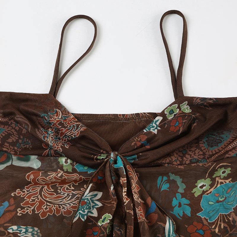 European & American Retro Print Spaghetti Strap Waist-Cinching Slim Bandeau Top