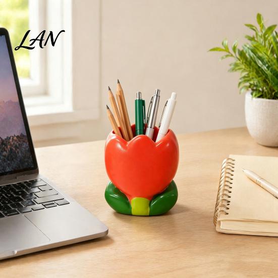 Desktop Storage for Eyebrow Pencils Tulip Makeup Brush Holder, Resin Cosmetic Organizer Vanity Desk, Cute Flower Pen Decorative Bud Container