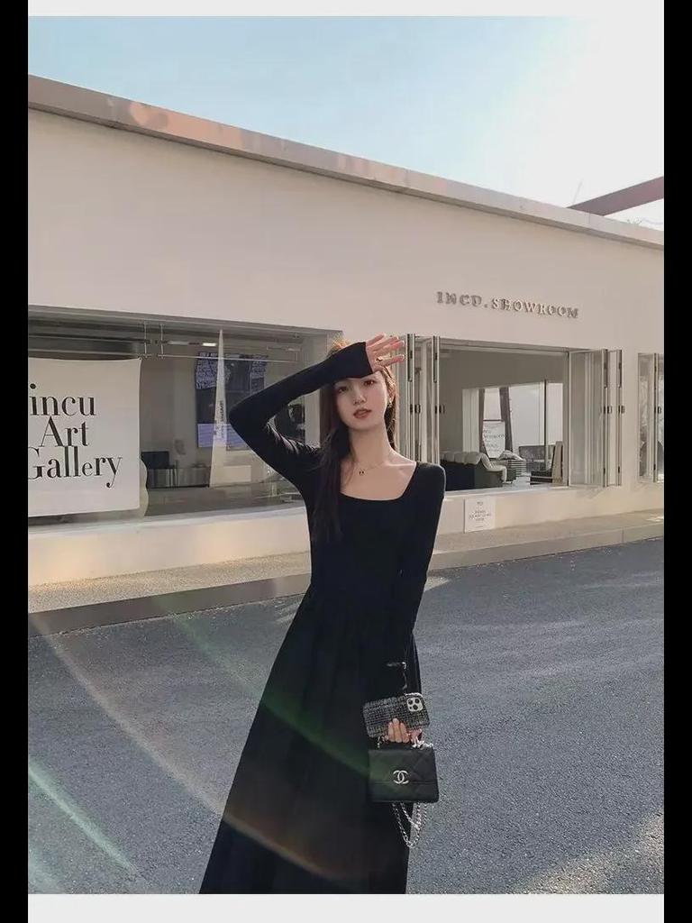 2024 Women's French Square Neck Long Sleeve A-Line Dress - Spring/Autumn Waist-Slimming Maxi