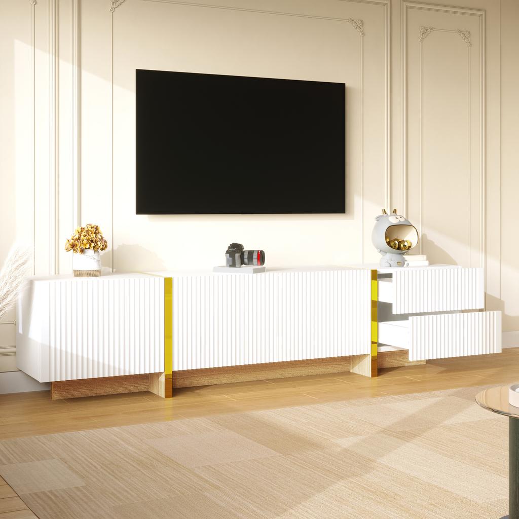 190 cm TV Cabinet, 3 Doors, 2 Drawers, White with Gold and Wood Grain