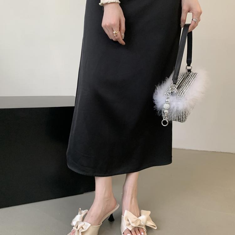 

Bow Square Heel Medium Heel Slippers One-word Black Sandals Women s Shoes 35