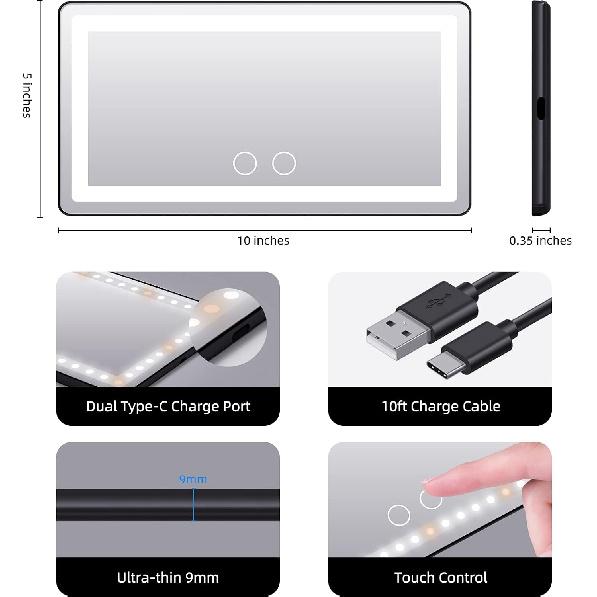Car Sun Visor Vanity Mirror, with 3 Light Modes & 60 LEDs - Rechargeable Dimmable Clip-on Rear View Sun-Shading Cosmetic Makeup Mirror, Universal for