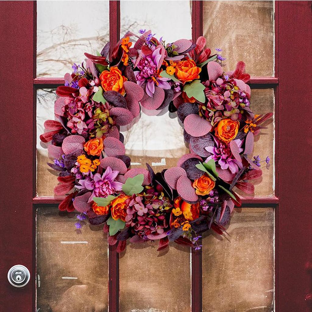 Artificial Fall Wreath With Orange Roses, Purple Hydrangeas, Leaves, 18-inch Front Door Decor