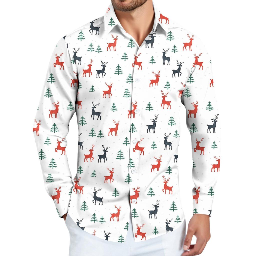 Men's Christmas Shirt Christmas Print Long Sleeve Button Shirt