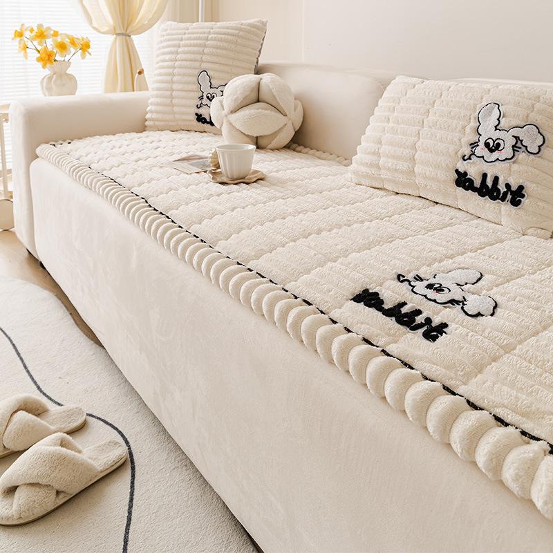 Simple Flannel Rabbit Sofa Cushion Winter Solid Plaid Non-Slip Sofa Cover for Living Room Comfort Thickened Warm Recliner Cover