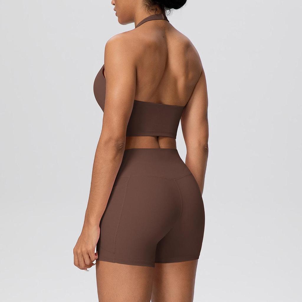 Cross-Border Halter Sports Vest & High-Waist Pocket Yoga Shorts Set