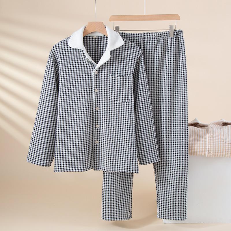 Men's Pajama Set Fall Winter Thick Warm Long Sleeve Tops Pants Pajama Sets Soft Plaid 2 Piece Button Down Lounge Set for Men Lapel Comfort Sleepwear