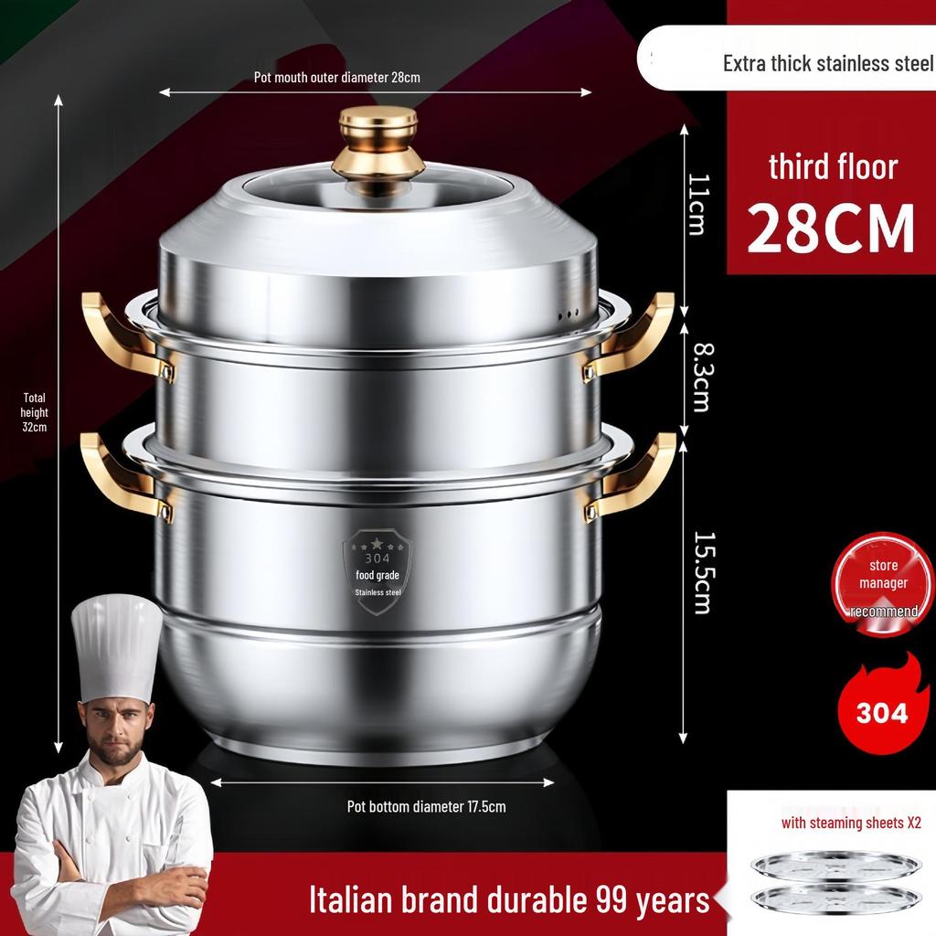 Großvolumiger Dampfkochtopf aus 316 Edelstahl mit 2/3/4 Einsätzen für Suppe, Mantou und Fisch
