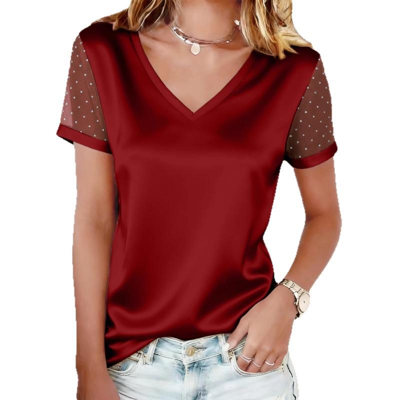 Women's Satin V Neck T-shirt Mesh Short Sleeve with Rhinestone Detail Casual Elegant Solid Color Top