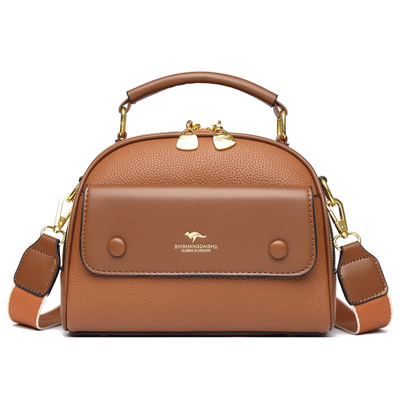 Women's PU leather top handle crossbody bag with multiple pockets, stylish contrasting color matching, and simple shoulder bag