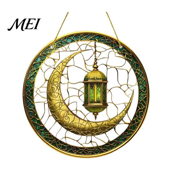 Colorful Glass Suncatcher 2D Acrylic Star Moon Lantern Suncatcher, Crescent Window Hanging Ornament Decoration for Home, Patio, Garden, Ramadan Decor,