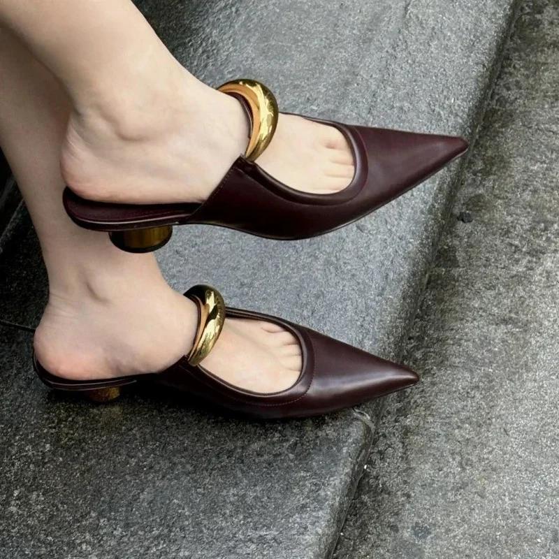 Pointed Toe Mid Heel Women's Slippers Square Heel Shallow Ladies Shoes On Sale 2025 Brand Outside Slip-On Party Modern Slippers