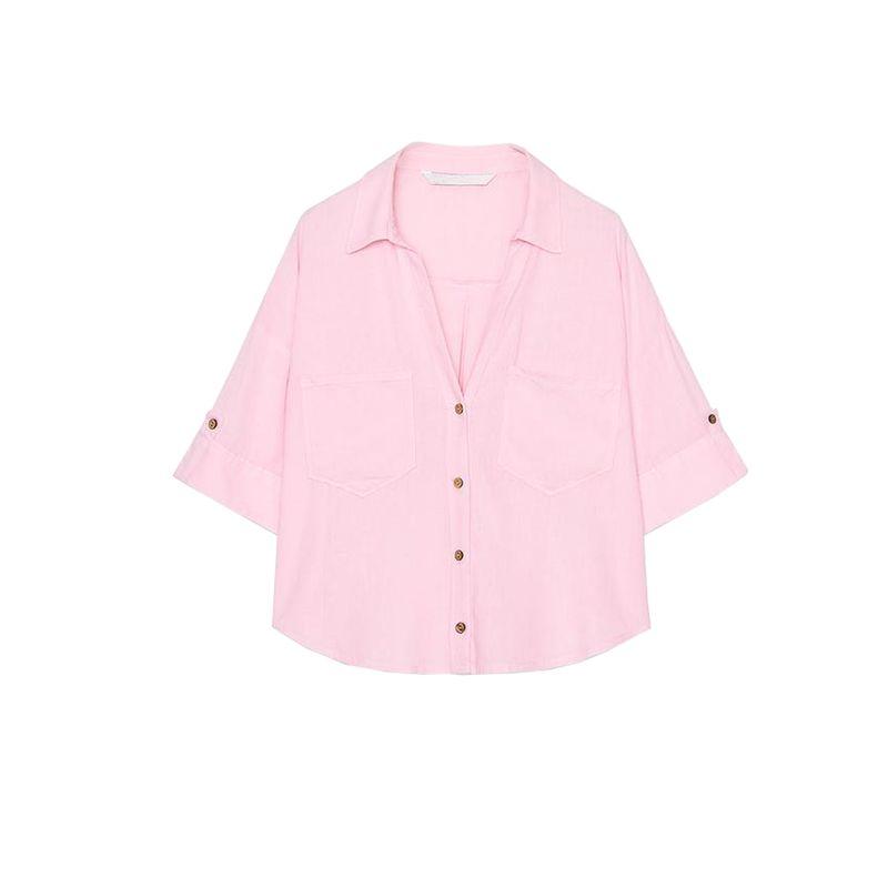 Spring New Women's Clothing Simple Stickers Pocket Decoration Linen Blended V-neck T-shirt Shory Style Shirt Tops 2187572