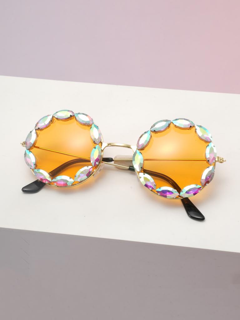 Colorful Crystal Embellished Round Sunglasses for Women Glamorous Vintage Female Style Sun Glasses KJ020