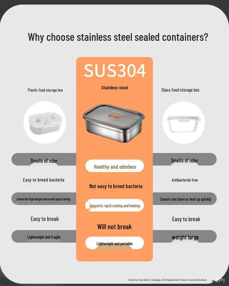304 Stainless Steel Square Storage Box with Lid - Food Grade Fresh-Keeping Container