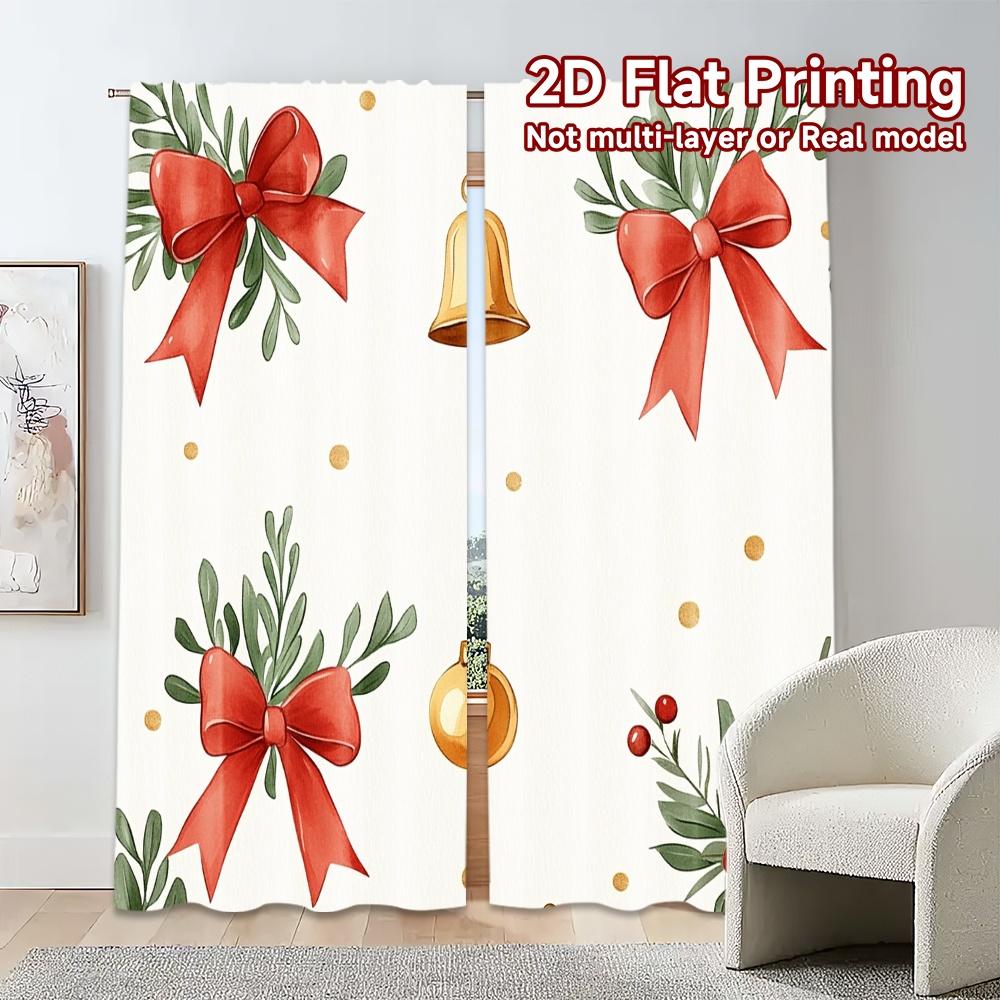 2pcs,Curtains Christmas Bells Ornaments Leaves Bows (2) Chic Curtains&Drapes Polyester Easy Install Curtains Gifts Decorative