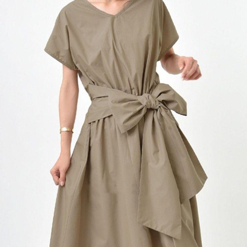 

Retro Khaki Lace-up Simple Dress Bow Khaki One size