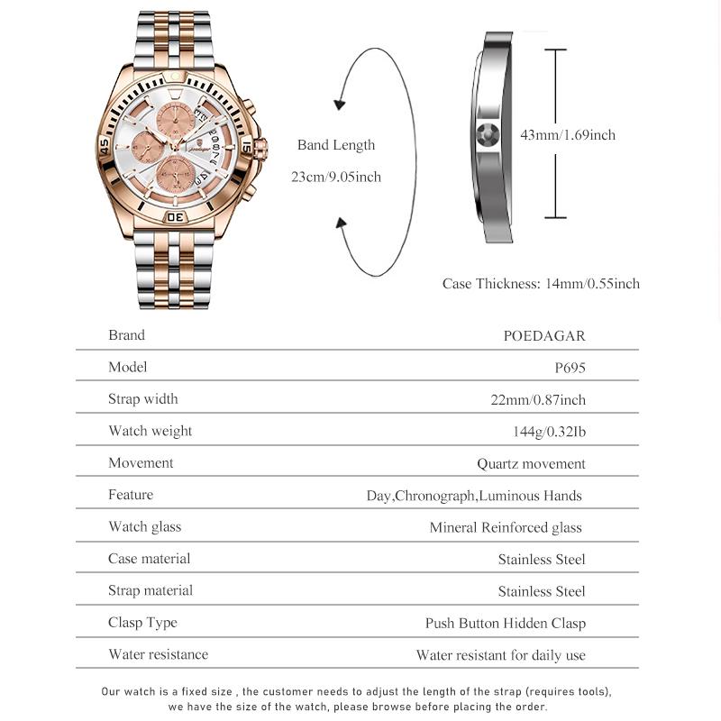 Men Chronograph Watches Stainless Steel Analog Quartz Wrist Watch Waterproof Luminous Date Business Dress Watch for Men