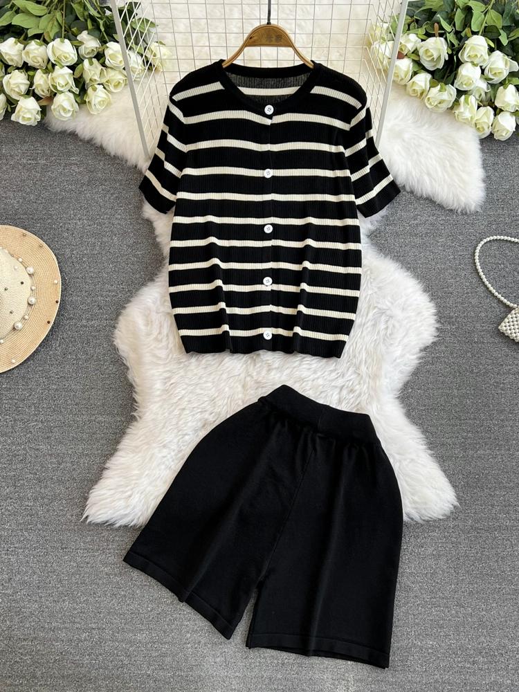 Summer Women Casual Knitted Sweater Pant Set Single Breasted Striped Tops and Shorts Chic Student Two Piece Suit