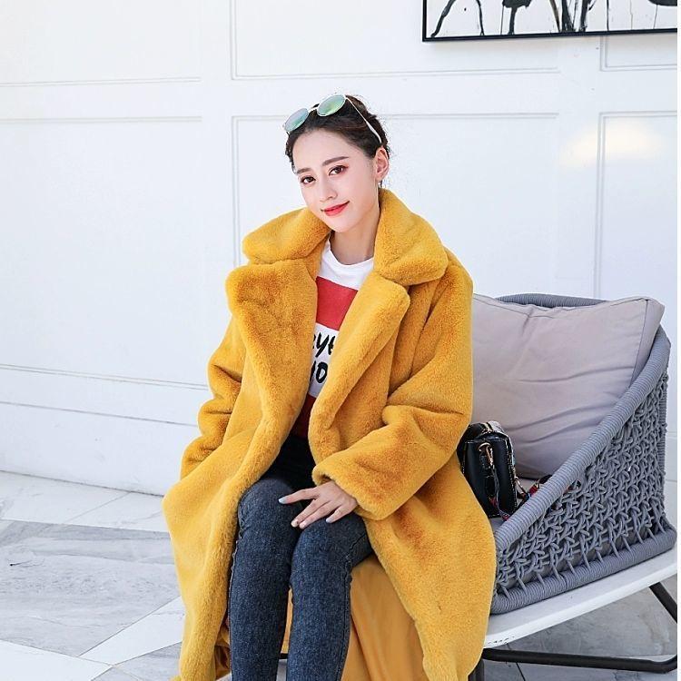 Cappotto lungo in pelliccia di coniglio finta invernale con collo in pelliccia finta, caldo, casual, da donna, trench