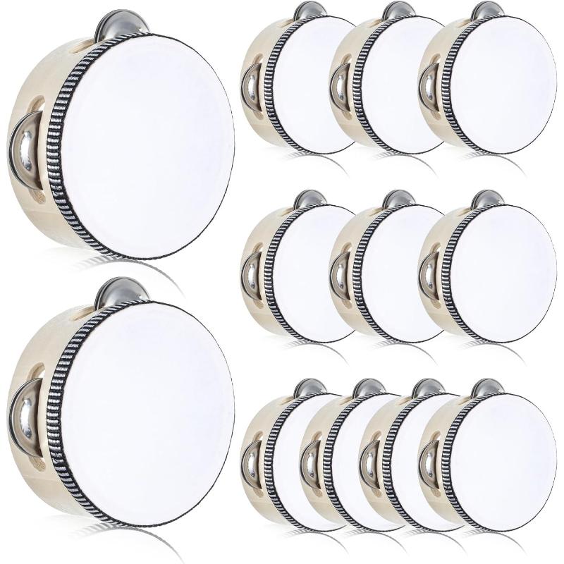 24 Pcs 4 Inch Wood Wedding Tambourine Metal Jingles Drum Hand Held Drum Instrument White Percussion for Wedding Party Favors