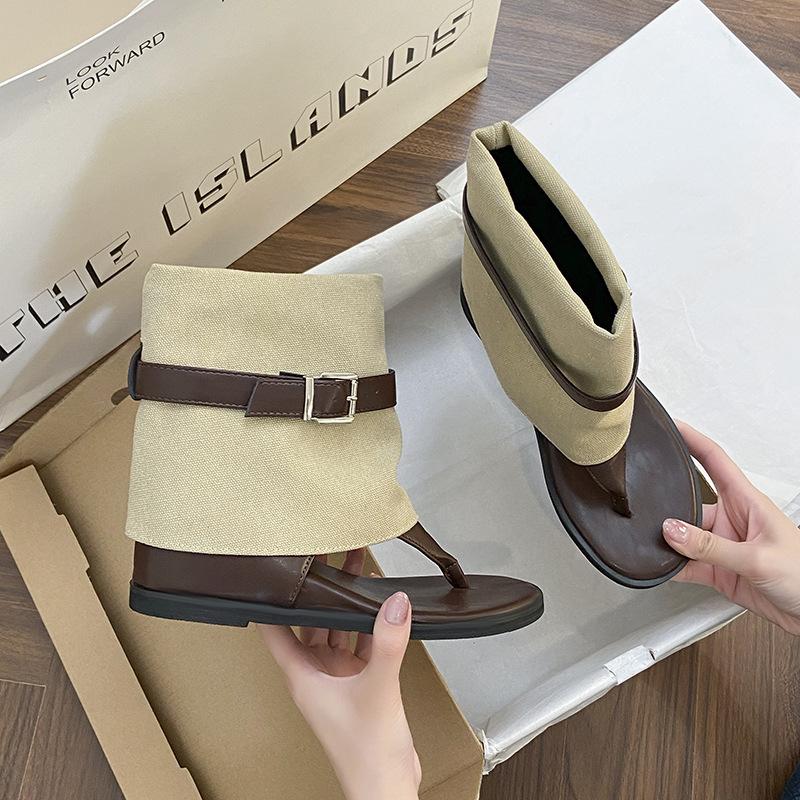 

European and American foreign trade toe flat bottom Roman women s boots women s denim belt buckle middle help herringbone cool boots women s comfort 40 коричневый