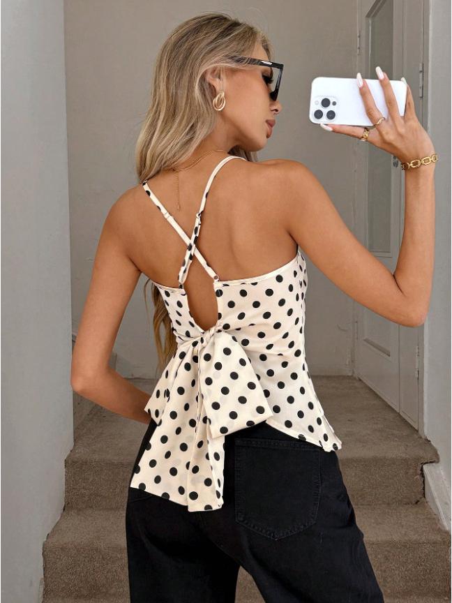 Women's European & American Style Polka Dot Spicy Girl Camisole with Tummy Covering and Butterfly Knot Back