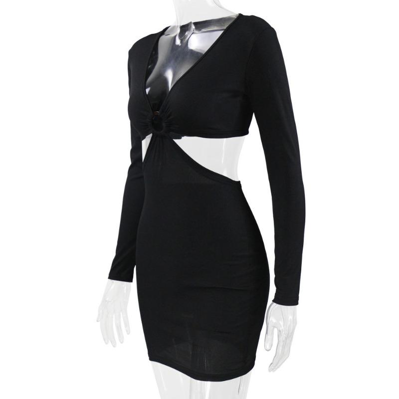 Women's Hollow Long Sleeve Low Neckline Sexy Dress Dress