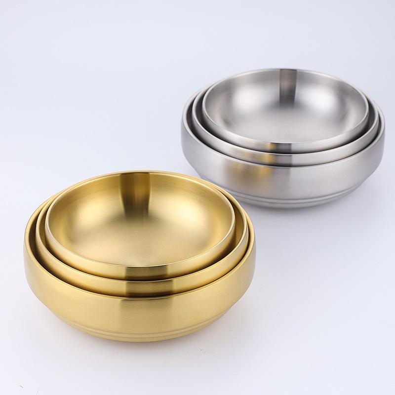 Korean Style Stainless Steel Double-Layer Gold Noodle Bowl - Large for Noodles, Rice, or Soup with Custom Logo