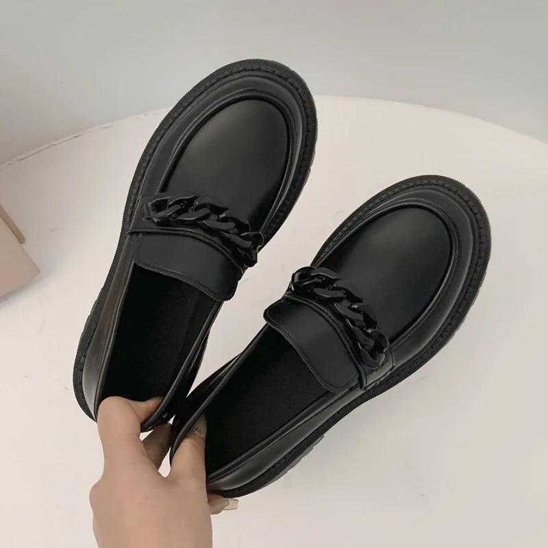 Стильные Лоферы с Декором Цепочкой для Женщин Весенние Круглый Носок Толстый Каблук Женские Повседневные Мягкая Подошва ПУ Кожа Mujer 35 5080₽