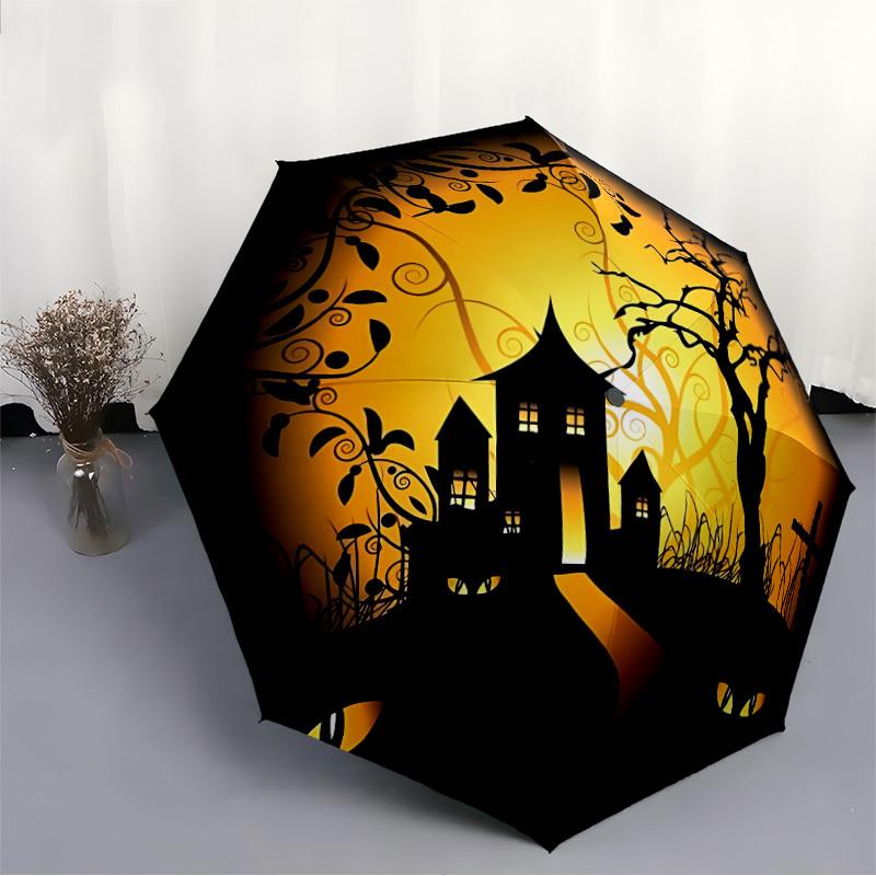 1pc Haunted House Halloween Automatic Folding Umbrella, Lightweight Retractable Compact Travel Umbrella, 8-Rib Sturdy Frame076
