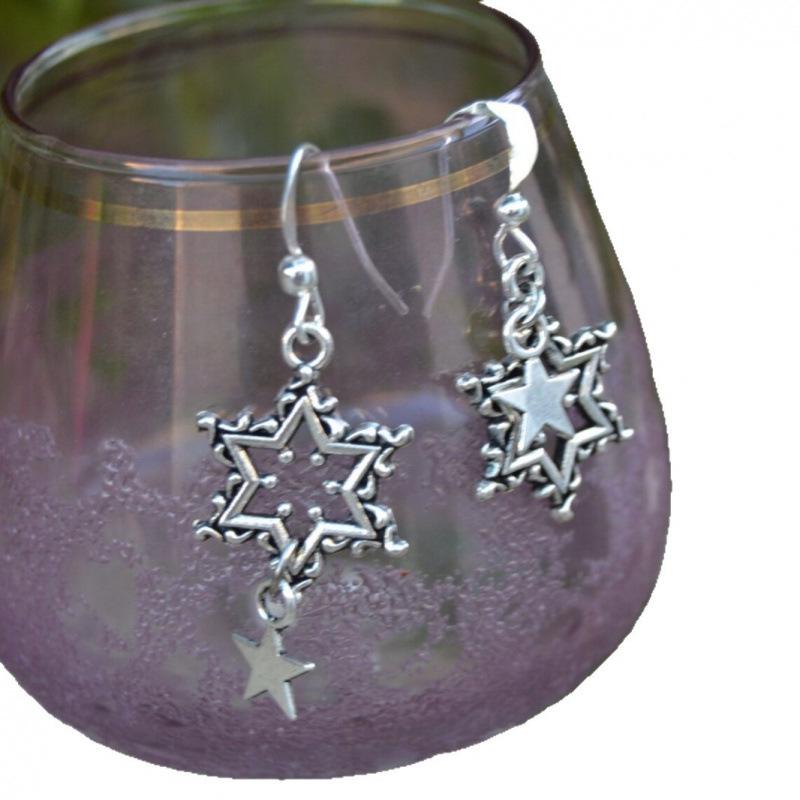 Exquisite Star-Shaped Silver Dangle Earrings with Stainless Steel Hooks