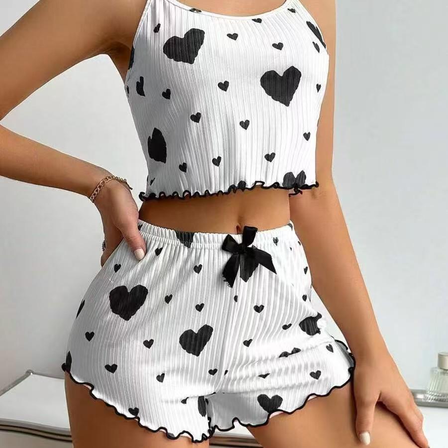

Women s Heart Print Spaghetti Strap Knit Pajama Set - Casual European & American Style Large