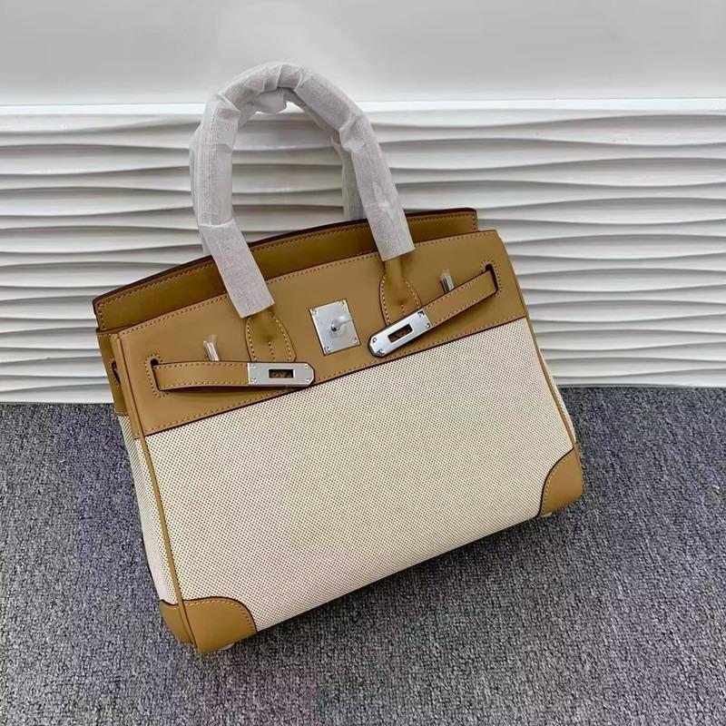 Fashion new platinum bag swift leather canvas splicing contrasting color portable shoulder messenger women's bag