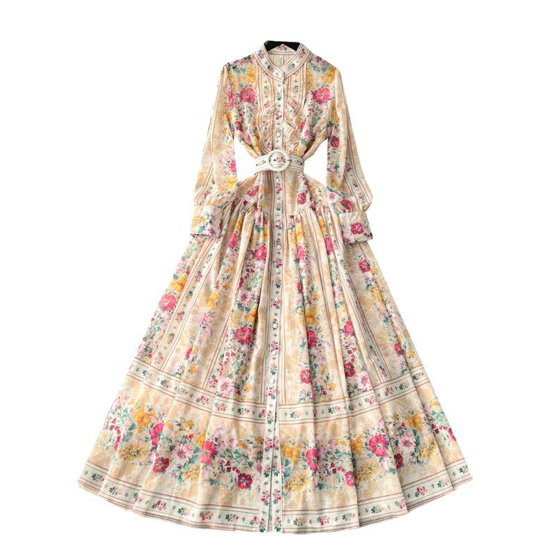 European Style Elegant Stand-up Collar Slim Fit Long Chiffon Dress