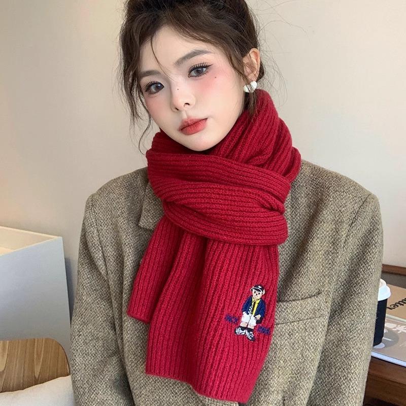 Cute Bear Embroidered Scarf New Winter Women's Wool Warm Knitted Versatile Scarf Korean Atmosphere