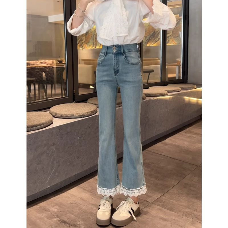 

Fashionable lace flared jeans for women, 2026 summer cropped bell-bottom pants XS светло-синий