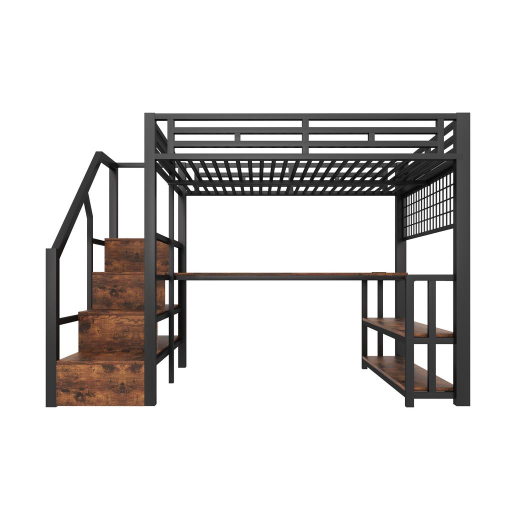 Letto a soppalco, 140 x 200 cm, Struttura in Ferro, Scaffale, Rete Appendibile, Luce LED, Scrivania, Scala, 2 Porte USB, 1 Presa Tipo-C, Senza Materasso, Nero