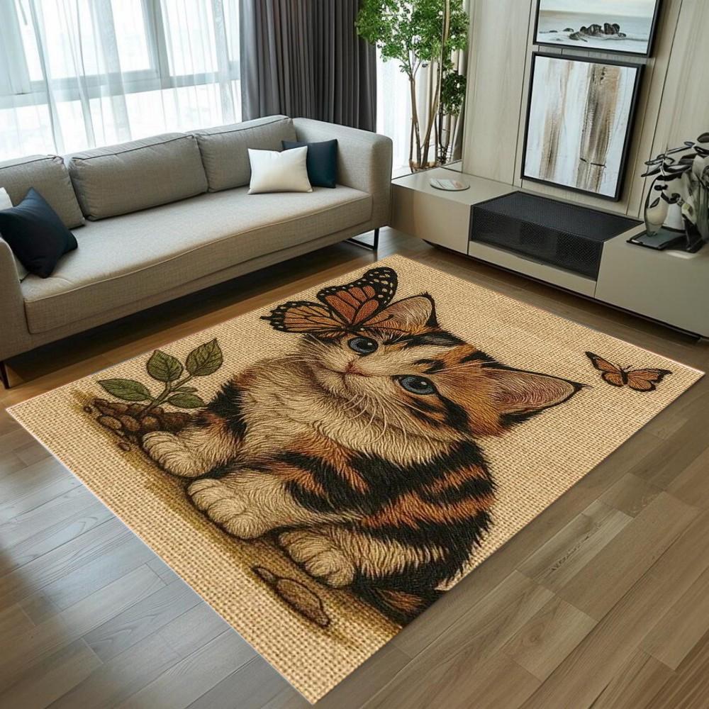 Niedliches Katzenstickerei-Muster Teppich Rutschfest Weich Langlebig Waschbar Fußmatte Dekor Teppich für Wohnzimmer Schlafzimmer Heimdekoration