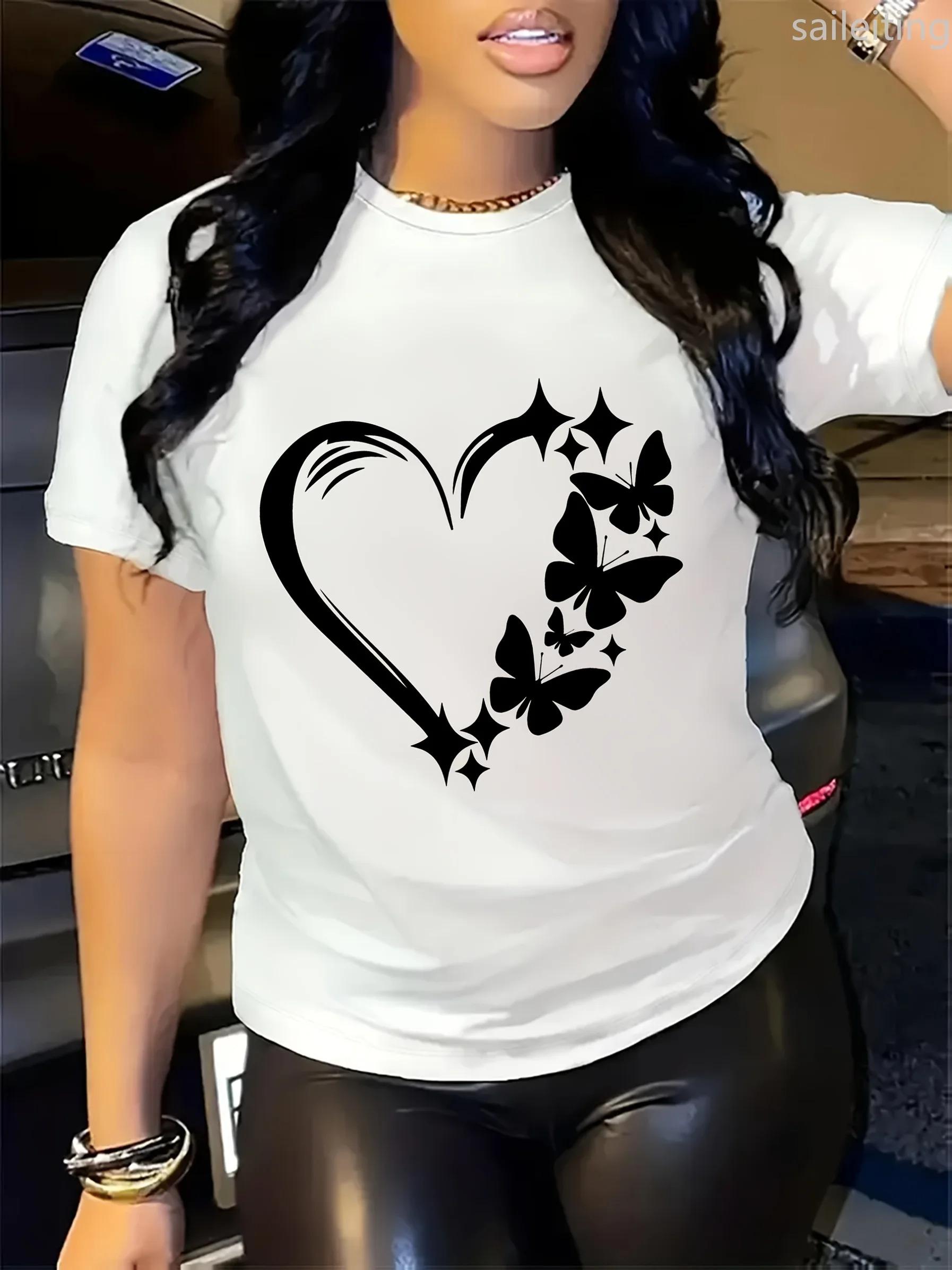 Crew Neck TShirt Womens Casual Sleeve Top Vibrant Butterfly Heart Print Lightweight Breathable Fabric Aesthetic Clothes S