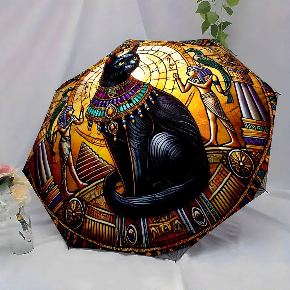 Folding umbrella Elegant black cat with Egyptian-inspired artwork, golden background. Creative portable folding umbrella for C