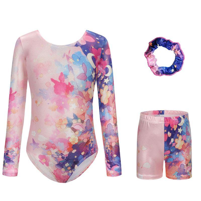 Dívčí gymnastický trikot pro děti 5-12 let, body s dlouhým rukávem, šortky a čelenka