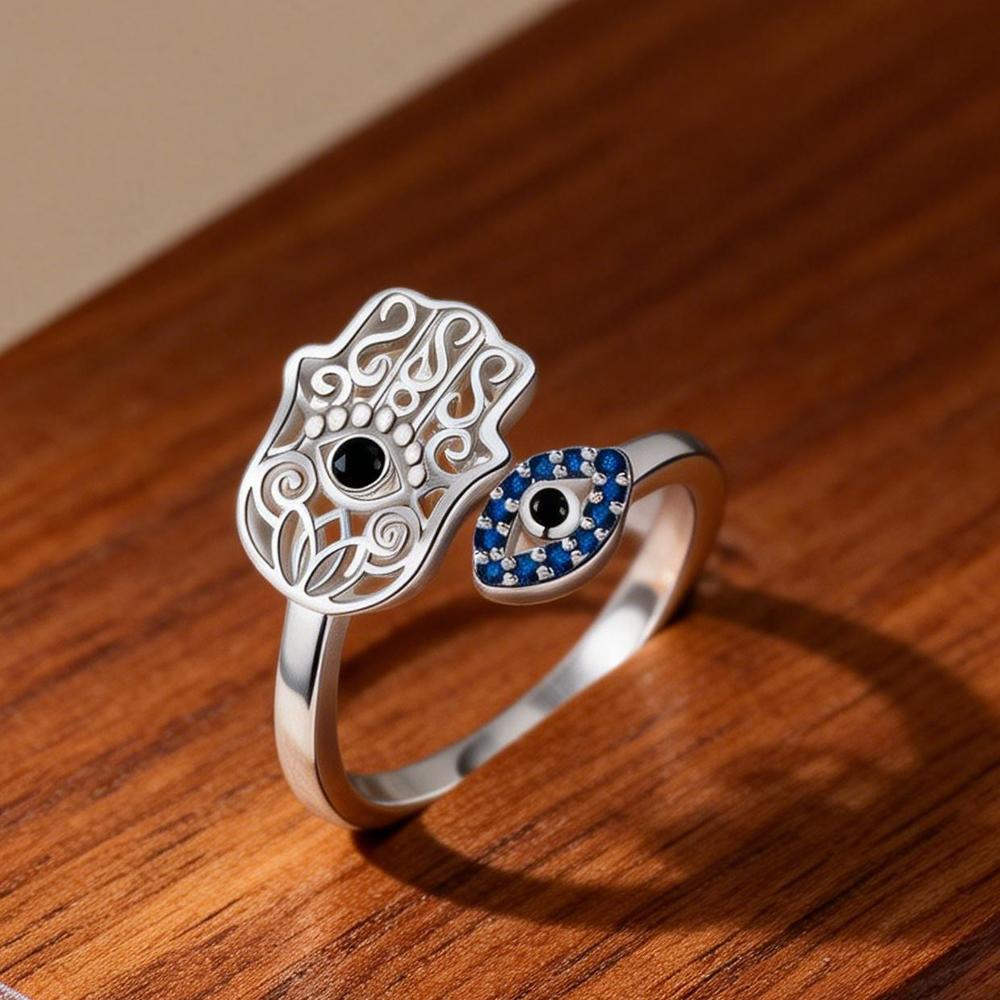  Silver Plated Lucky Hand of Fatima Opening Ring Zircon Teardrop Lotus Evil Eyes Stackable Rings Party Jewelry Gift