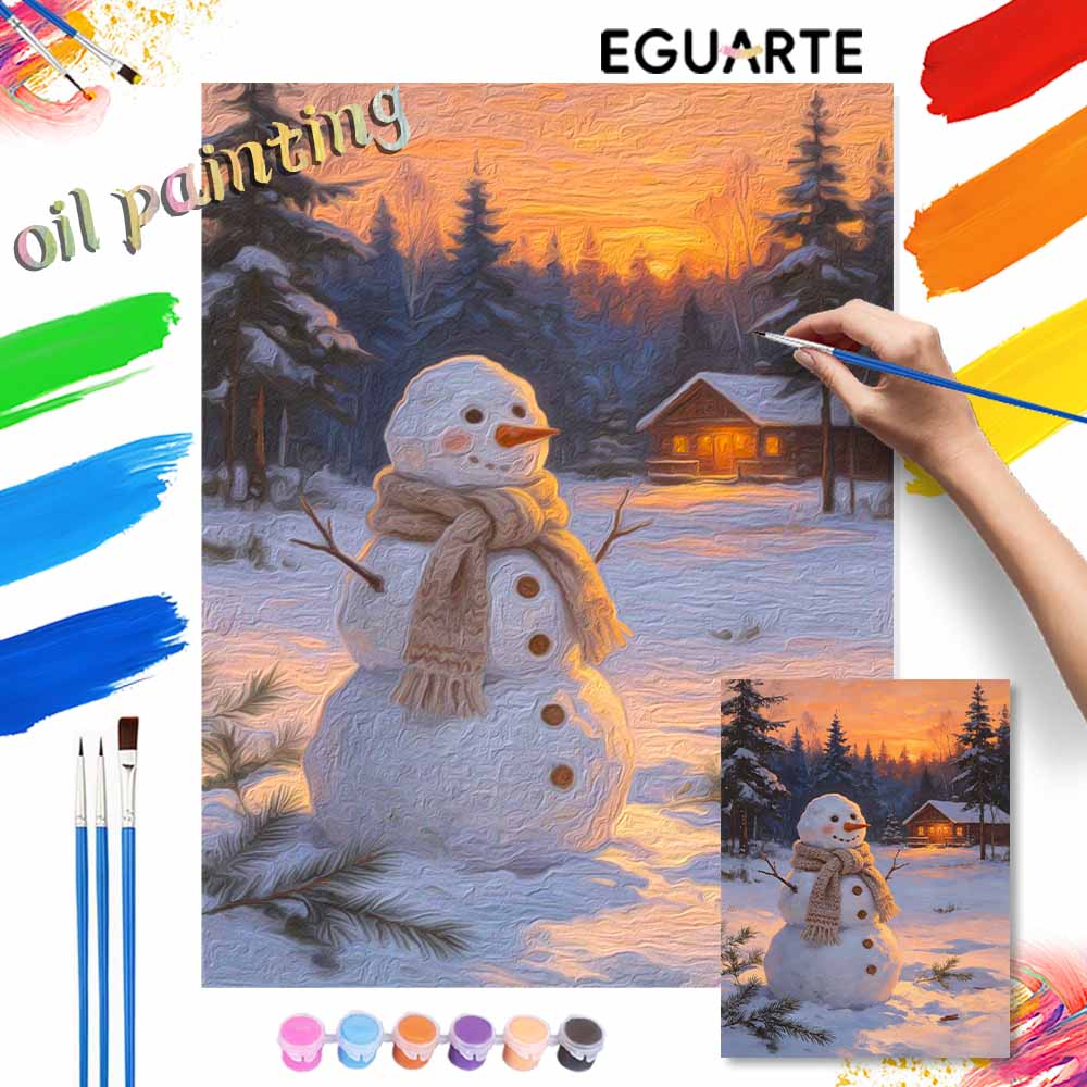 Christmas Snowman Cabin Sunset digital painting oil painting art kit hand painting home decoration painting